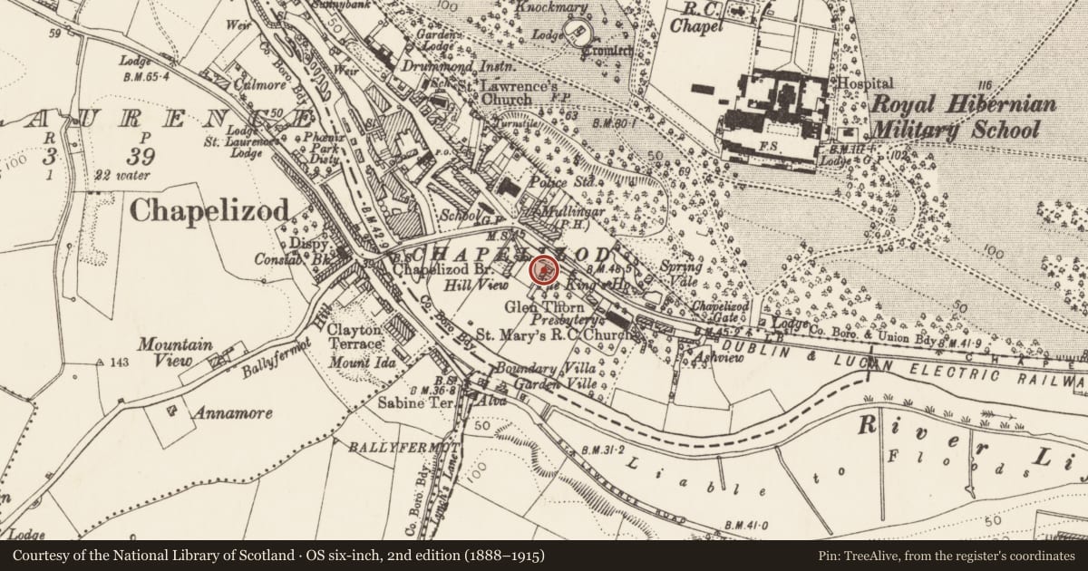 Ordnance Survey six-inch map, 2nd edition (1888–1915) covering the location of Barracks, County Dublin, with a pin at the register's coordinates