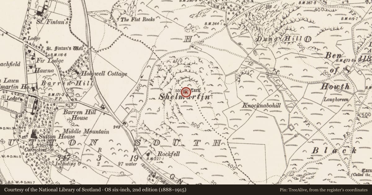 Ordnance Survey six-inch map, 2nd edition (1888–1915) covering the location of Cairn - unclassified, Sutton South, County Dublin, with a pin at the register's coordinates