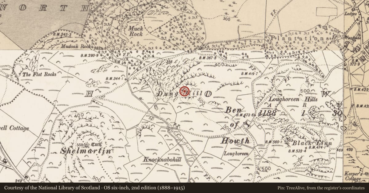 Ordnance Survey six-inch map, 2nd edition (1888–1915) covering the location of Hilltop enclosure, Howth, County Dublin, with a pin at the register's coordinates