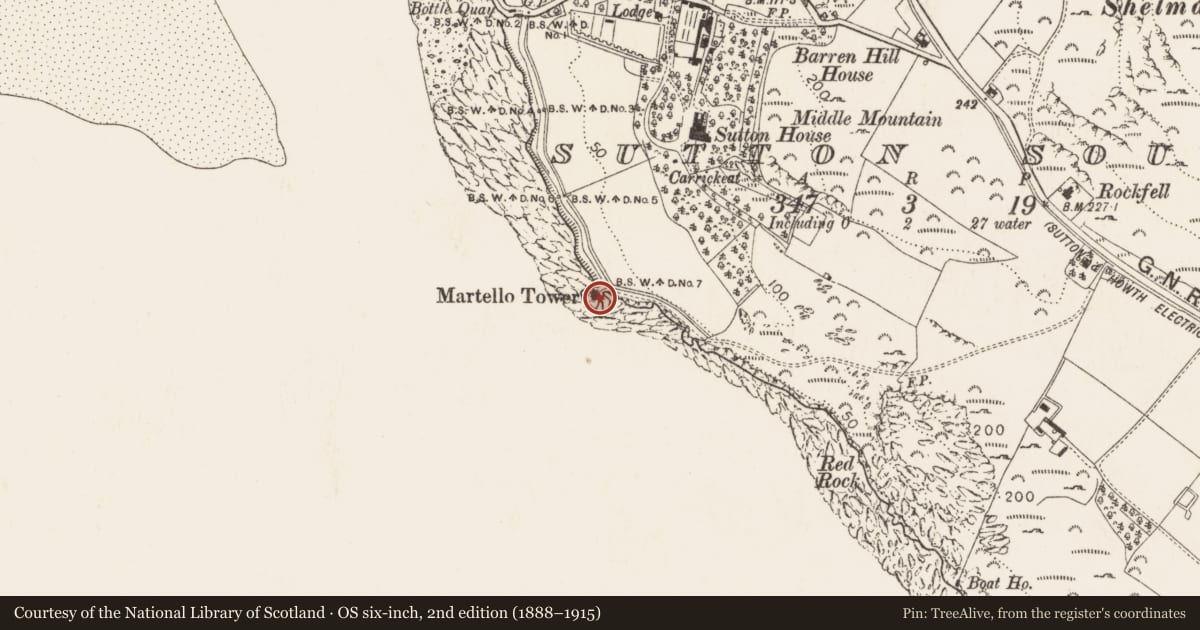 Ordnance Survey six-inch map, 2nd edition (1888–1915) covering the location of Martello tower, Sutton South, County Dublin, with a pin at the register's coordinates