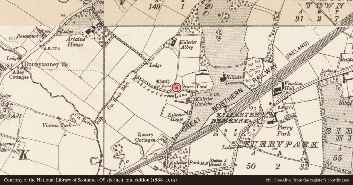 Ordnance Survey six-inch map, 2nd edition (1888–1915) covering the location of Church, County Dublin, with a pin at the register's coordinates