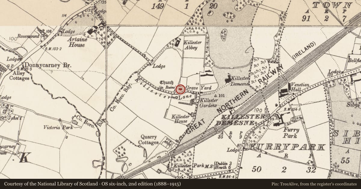 Ordnance Survey six-inch map, 2nd edition (1888–1915) covering the location of Graveyard, County Dublin, with a pin at the register's coordinates
