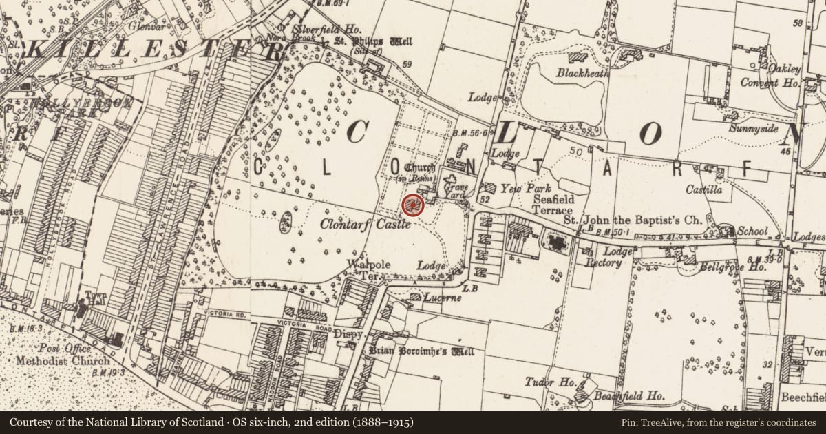 Ordnance Survey six-inch map, 2nd edition (1888–1915) covering the location of Bawn, County Dublin, with a pin at the register's coordinates