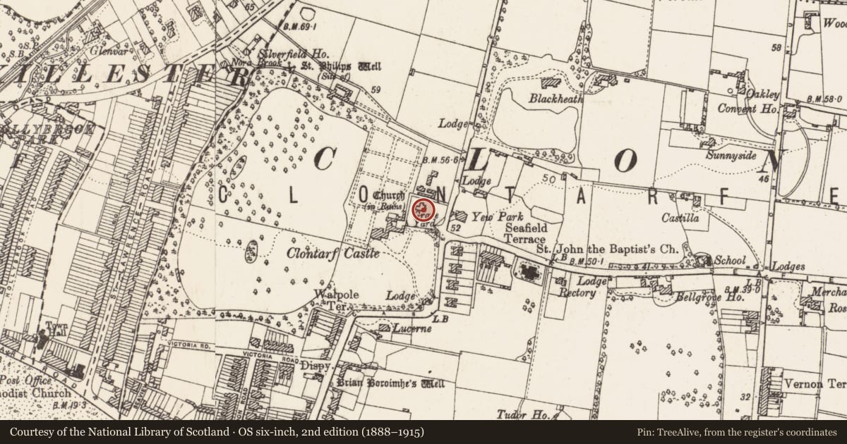 Ordnance Survey six-inch map, 2nd edition (1888–1915) covering the location of Church, County Dublin, with a pin at the register's coordinates