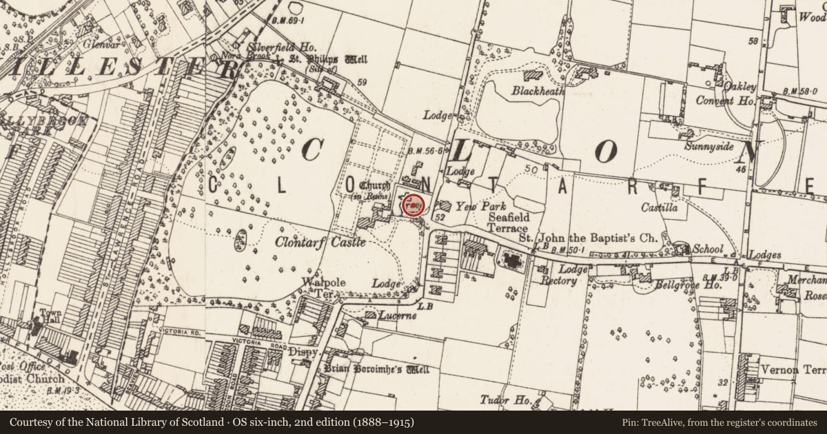 Ordnance Survey six-inch map, 2nd edition (1888–1915) covering the location of Graveyard, County Dublin, with a pin at the register's coordinates