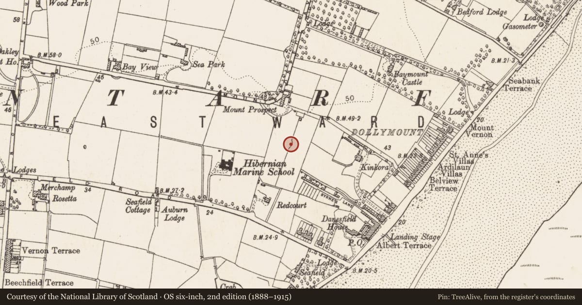 Ordnance Survey six-inch map, 2nd edition (1888–1915) covering the location of Mound, County Dublin, with a pin at the register's coordinates