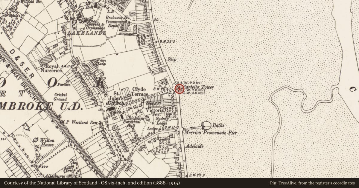 Ordnance Survey six-inch map, 2nd edition (1888–1915) covering the location of Martello tower, County Dublin, with a pin at the register's coordinates