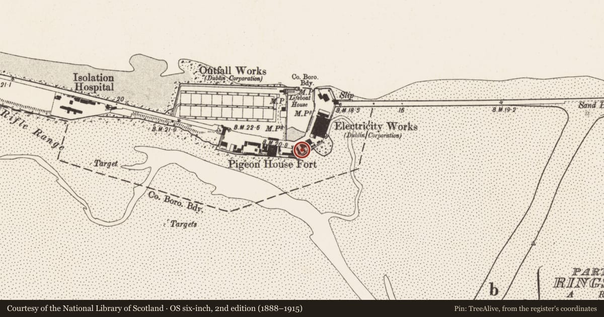 Ordnance Survey six-inch map, 2nd edition (1888–1915) covering the location of Battery, County Dublin, with a pin at the register's coordinates