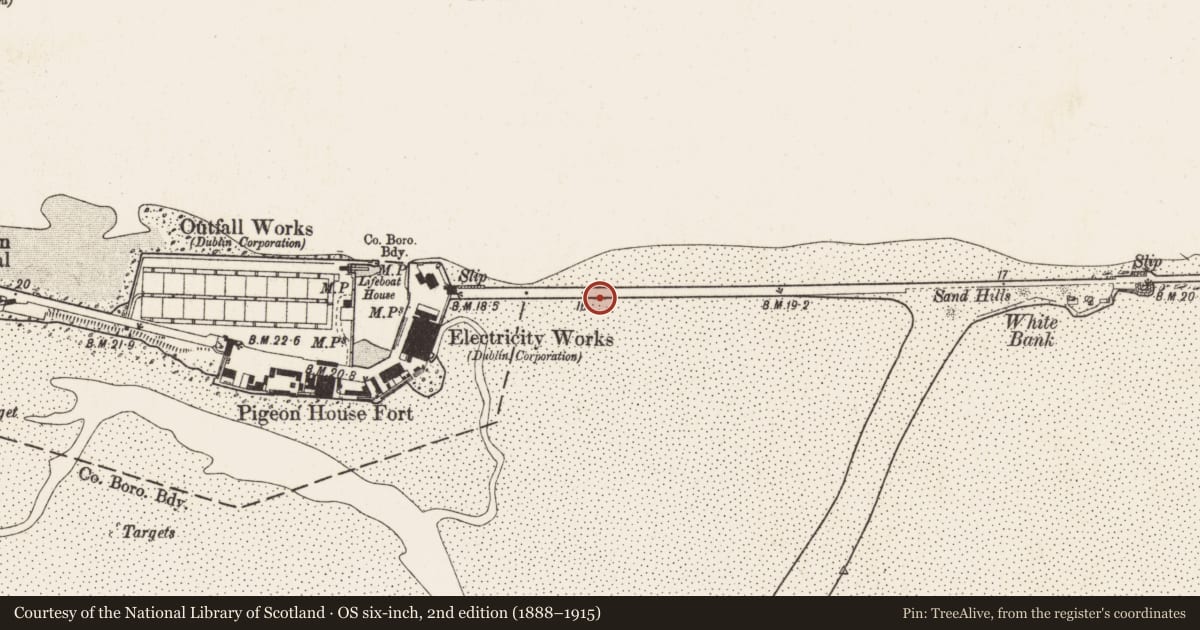 Ordnance Survey six-inch map, 2nd edition (1888–1915) covering the location of Sea wall, County Dublin, with a pin at the register's coordinates