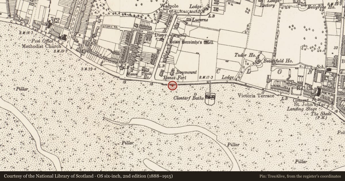 Ordnance Survey six-inch map, 2nd edition (1888–1915) covering the location of Mine - lead, County Dublin, with a pin at the register's coordinates