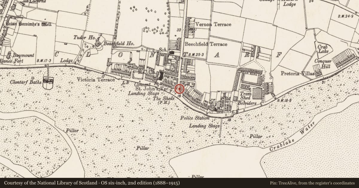 Ordnance Survey six-inch map, 2nd edition (1888–1915) covering the location of Building, County Dublin, with a pin at the register's coordinates