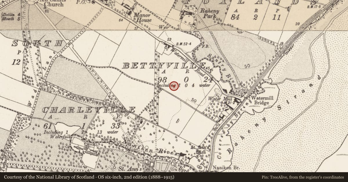 Ordnance Survey six-inch map, 2nd edition (1888–1915) covering the location of Earthwork, County Dublin, with a pin at the register's coordinates