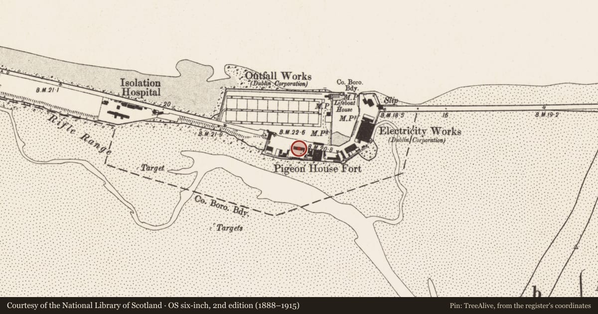 Ordnance Survey six-inch map, 2nd edition (1888–1915) covering the location of Barracks, County Dublin, with a pin at the register's coordinates