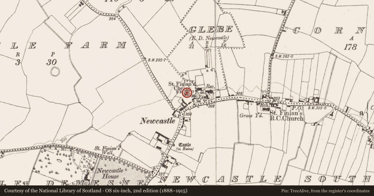 Ordnance Survey six-inch map, 2nd edition (1888–1915) covering the location of Castle - motte, Newcastle North, County Dublin, with a pin at the register's coordinates