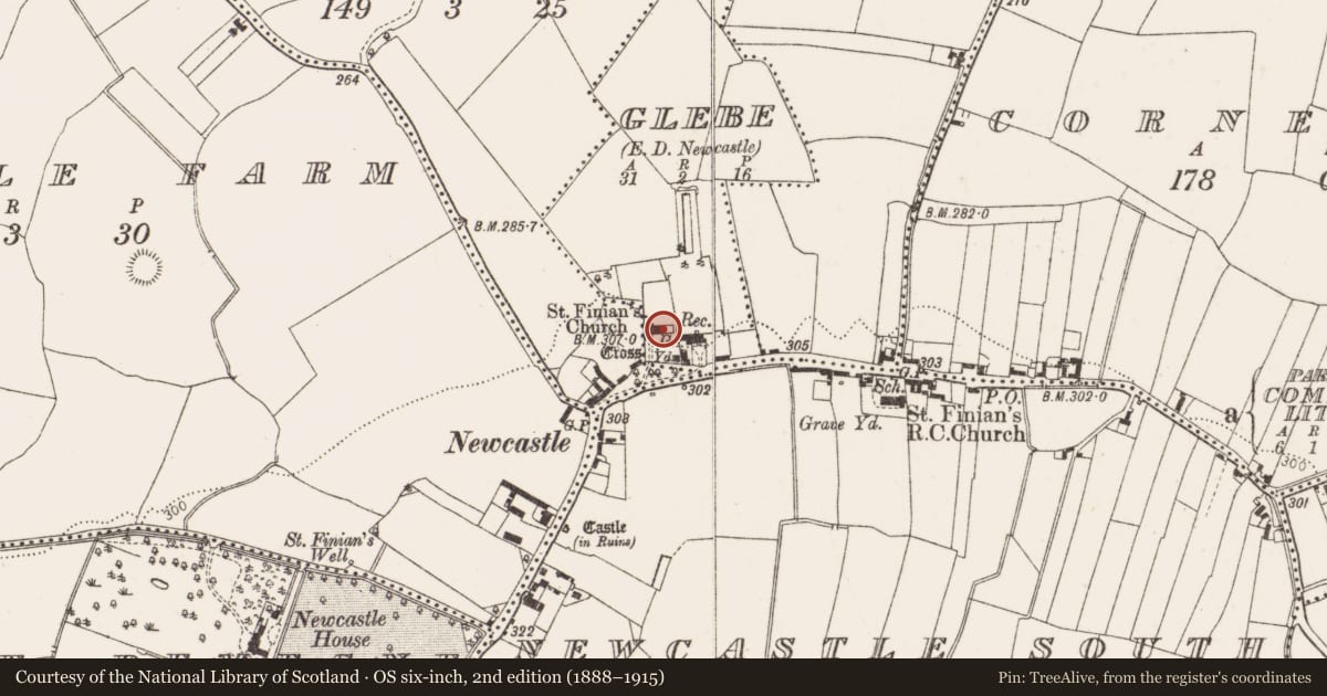 Ordnance Survey six-inch map, 2nd edition (1888–1915) covering the location of Church, Newcastle North, County Dublin, with a pin at the register's coordinates
