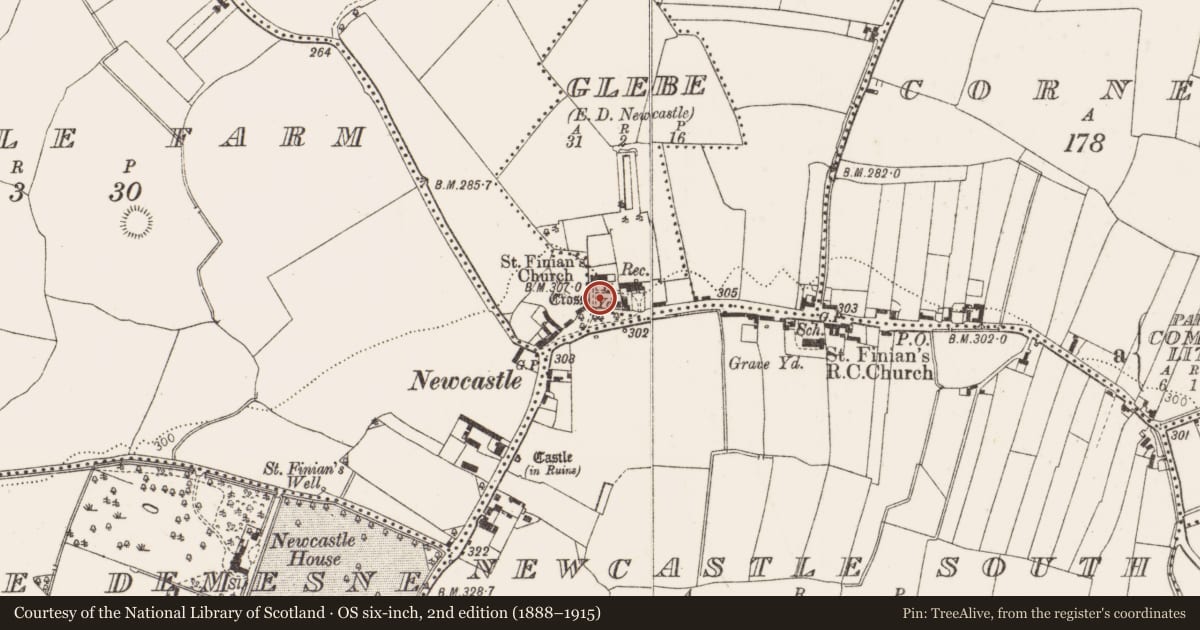 Ordnance Survey six-inch map, 2nd edition (1888–1915) covering the location of Cross, Glebe, County Dublin, with a pin at the register's coordinates