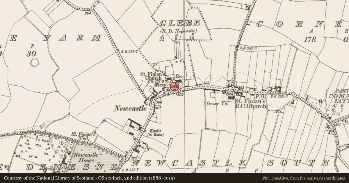 Ordnance Survey six-inch map, 2nd edition (1888–1915) covering the location of Castle - tower house, Glebe, County Dublin, with a pin at the register's coordinates