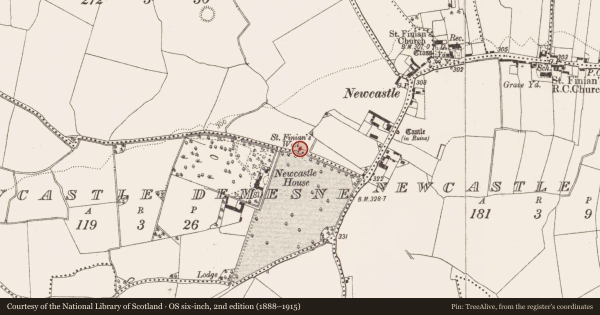 Ordnance Survey six-inch map, 2nd edition (1888–1915) covering the location of Ritual site - holy well, Newcastle Farm, County Dublin, with a pin at the register's coordinates