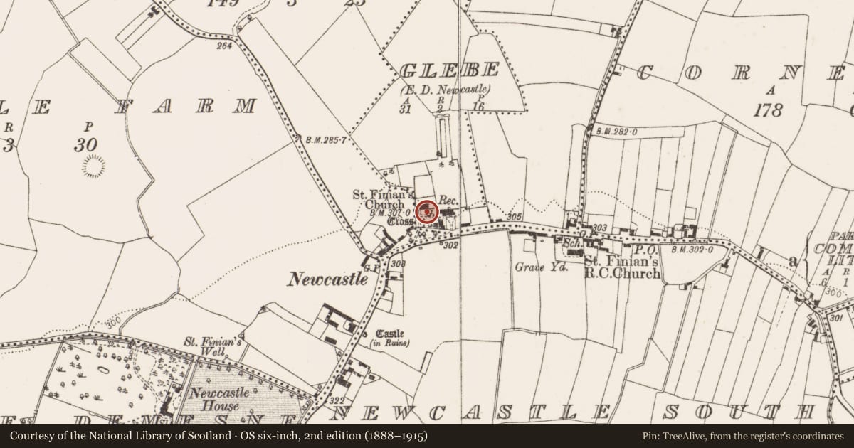 Ordnance Survey six-inch map, 2nd edition (1888–1915) covering the location of Graveyard, Grange, County Dublin, with a pin at the register's coordinates