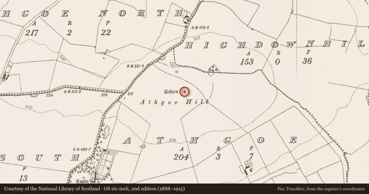 Ordnance Survey six-inch map, 2nd edition (1888–1915) covering the location of Barrow - ring-barrow, Athgoe, County Dublin, with a pin at the register's coordinates