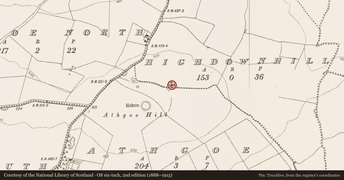 Ordnance Survey six-inch map, 2nd edition (1888–1915) covering the location of Barrow - unclassified, Athgoe, Highdownhill, County Dublin, with a pin at the register's coordinates
