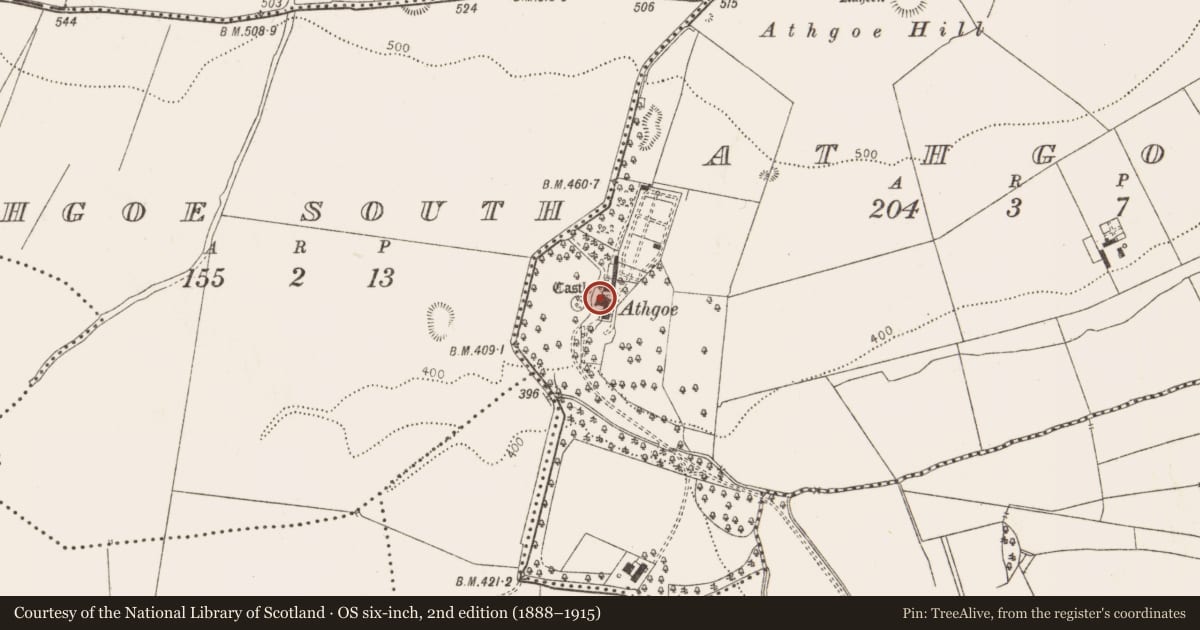 Ordnance Survey six-inch map, 2nd edition (1888–1915) covering the location of Castle - tower house, Athgoe, County Dublin, with a pin at the register's coordinates
