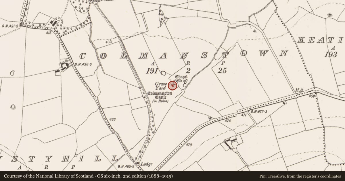 Ordnance Survey six-inch map, 2nd edition (1888–1915) covering the location of Ecclesiastical enclosure, Colmanstown, County Dublin, with a pin at the register's coordinates