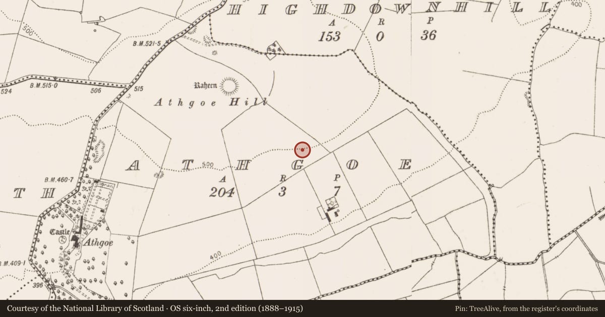 Ordnance Survey six-inch map, 2nd edition (1888–1915) covering the location of Earthwork, Athgoe, County Dublin, with a pin at the register's coordinates