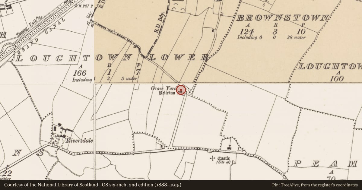 Ordnance Survey six-inch map, 2nd edition (1888–1915) covering the location of Ecclesiastical enclosure, Loughtown Lower, County Dublin, with a pin at the register's coordinates