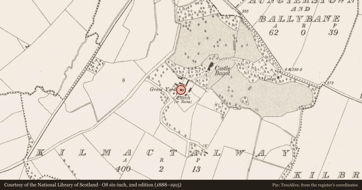 Ordnance Survey six-inch map, 2nd edition (1888–1915) covering the location of Church, Kilmactalway, County Dublin, with a pin at the register's coordinates