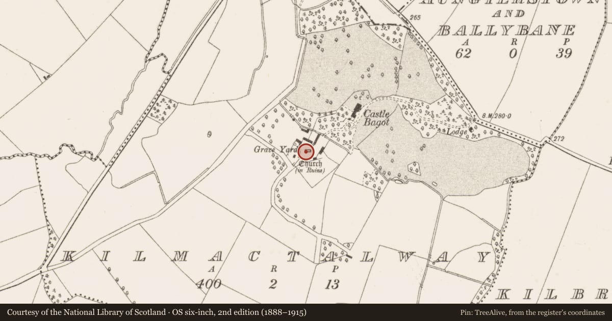 Ordnance Survey six-inch map, 2nd edition (1888–1915) covering the location of Ecclesiastical enclosure, Kilmactalway, County Dublin, with a pin at the register's coordinates