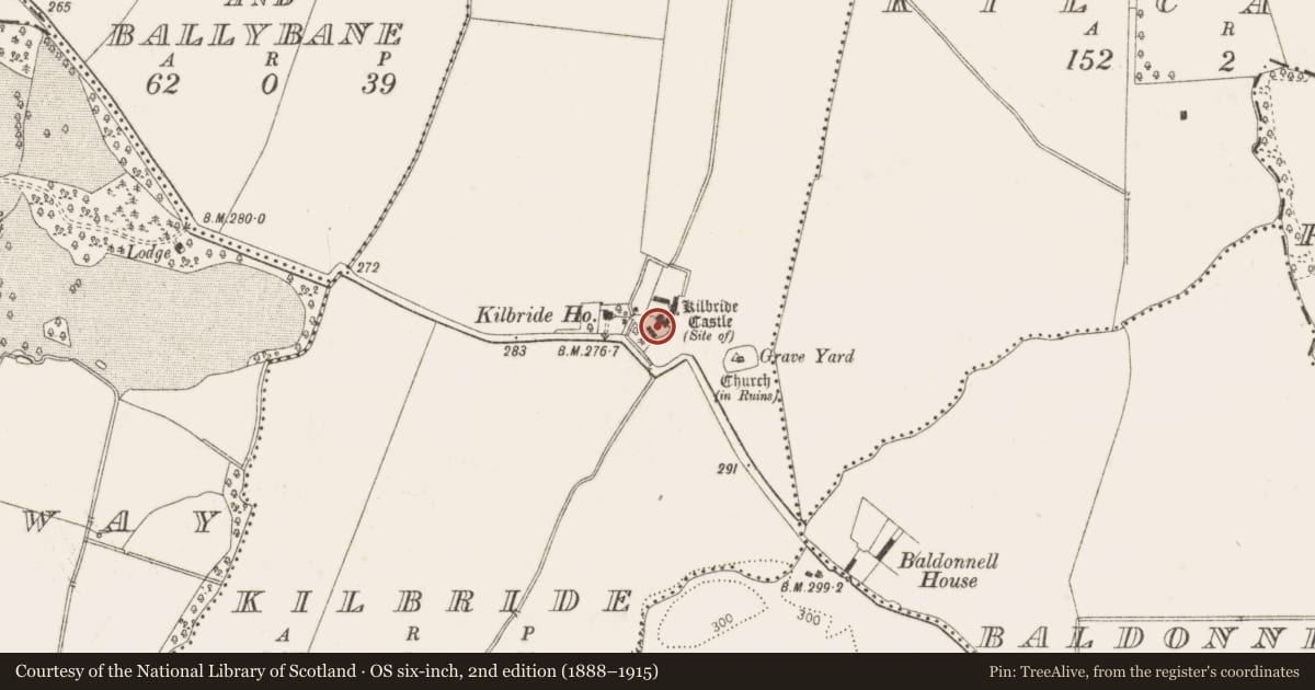 Ordnance Survey six-inch map, 2nd edition (1888–1915) covering the location of Castle - unclassified, Kilbride, County Dublin, with a pin at the register's coordinates