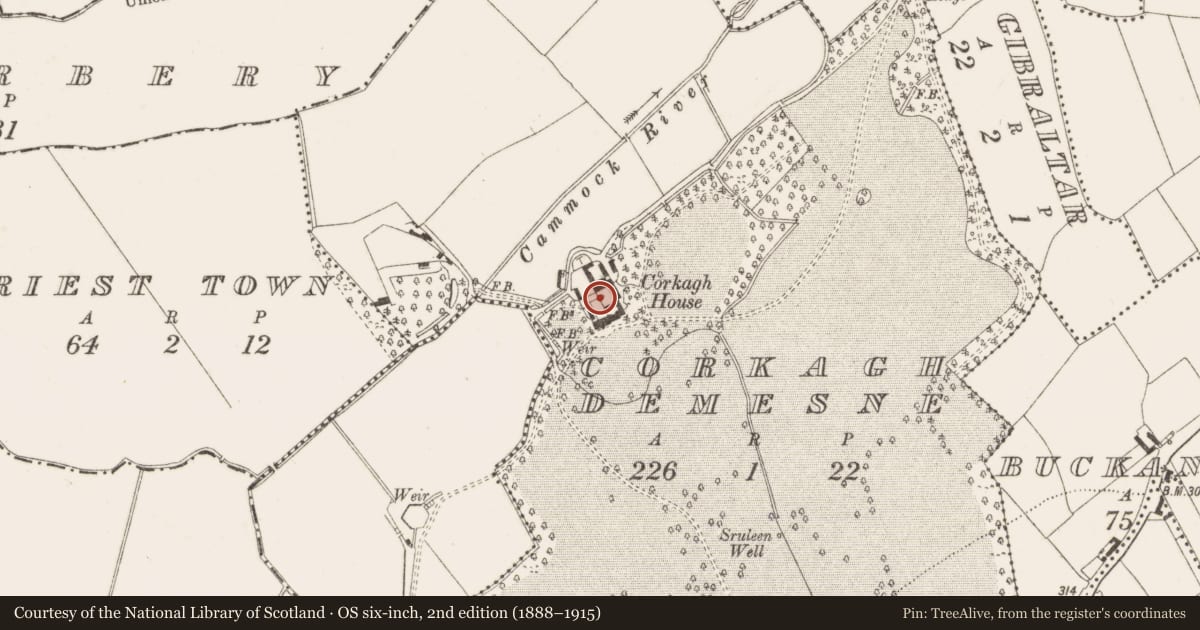 Ordnance Survey six-inch map, 2nd edition (1888–1915) covering the location of Castle - unclassified, Corkagh Demesne, County Dublin, with a pin at the register's coordinates