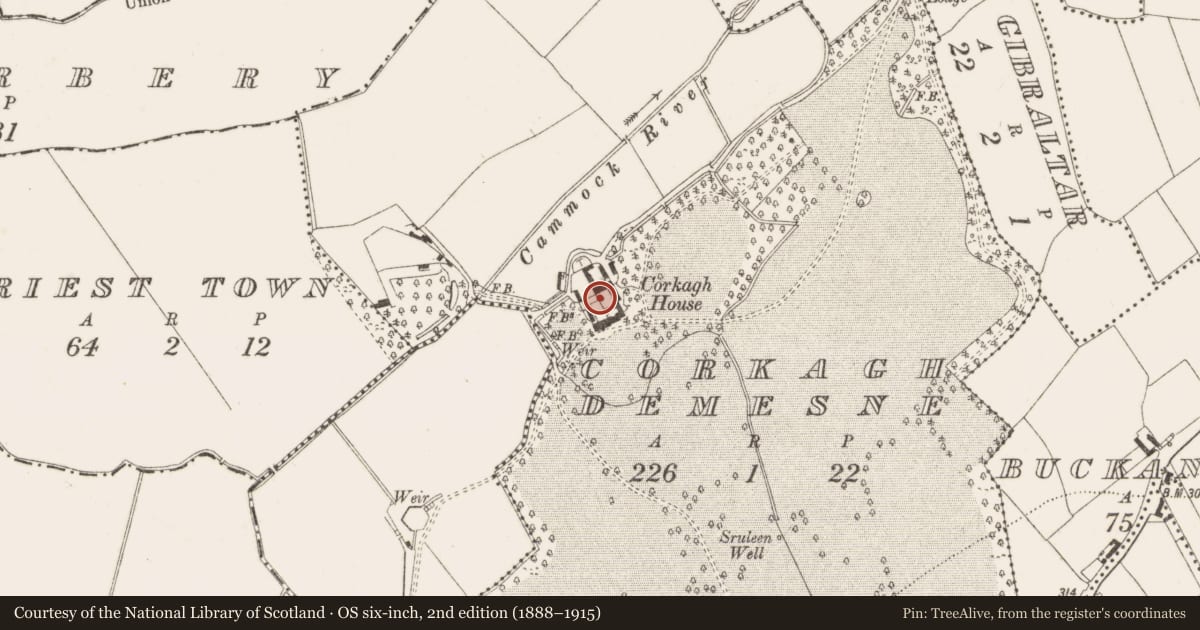 Ordnance Survey six-inch map, 2nd edition (1888–1915) covering the location of Moated site, Corkagh Demesne, County Dublin, with a pin at the register's coordinates