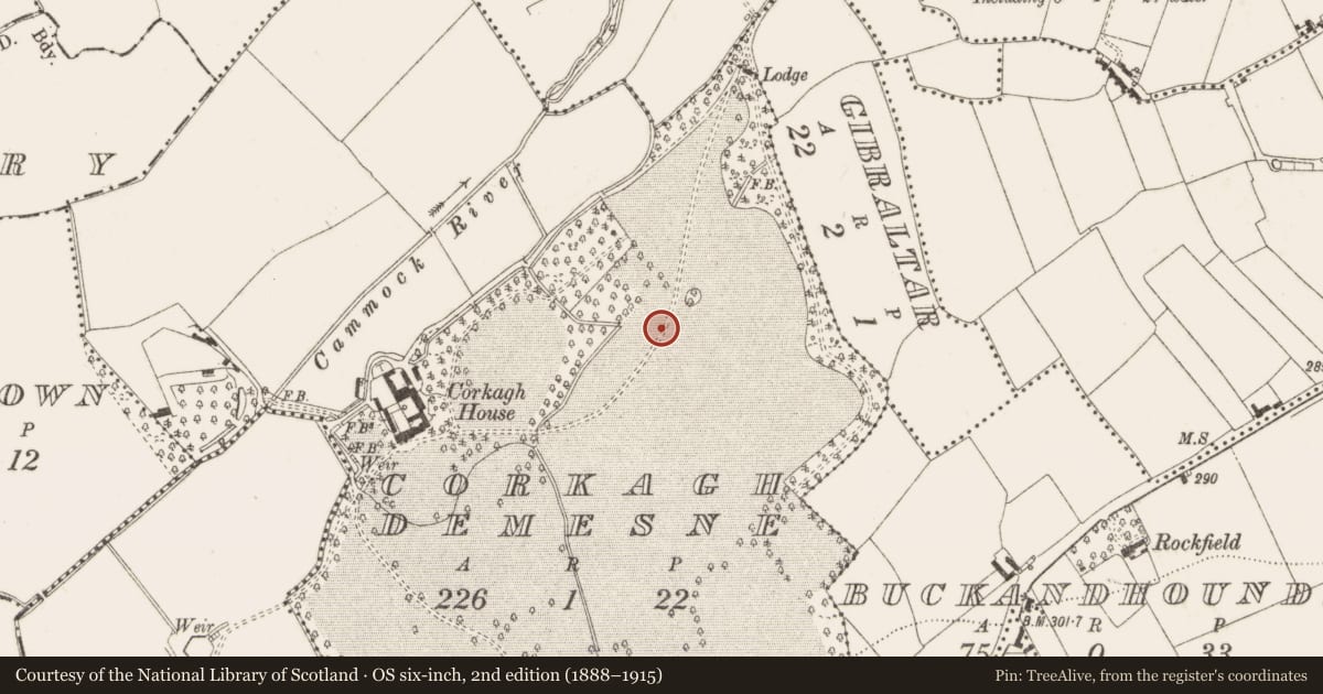 Ordnance Survey six-inch map, 2nd edition (1888–1915) covering the location of Habitation site, Corkagh Demesne, County Dublin, with a pin at the register's coordinates