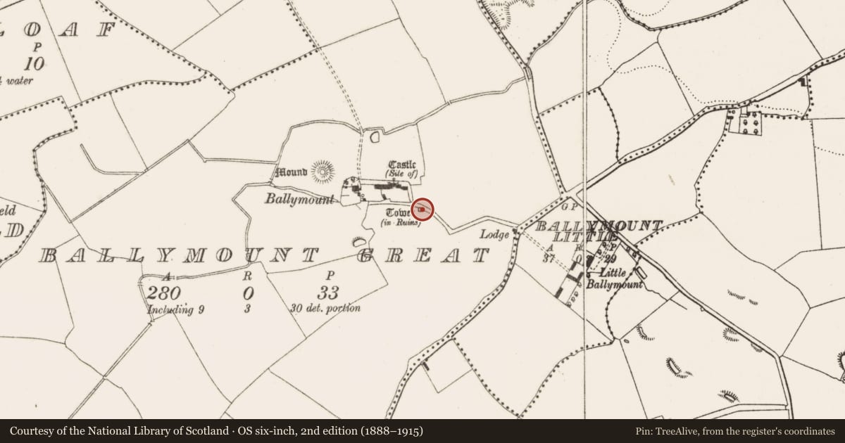 Ordnance Survey six-inch map, 2nd edition (1888–1915) covering the location of Gatehouse, Ballymount Great, County Dublin, with a pin at the register's coordinates
