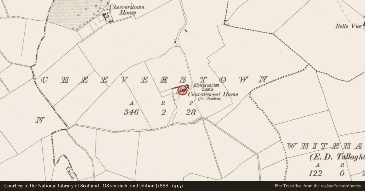 Ordnance Survey six-inch map, 2nd edition (1888–1915) covering the location of Castle - tower house, Cheeverstown, County Dublin, with a pin at the register's coordinates