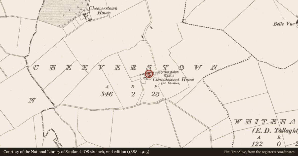 Ordnance Survey six-inch map, 2nd edition (1888–1915) covering the location of Bawn, Cheeverstown, County Dublin, with a pin at the register's coordinates