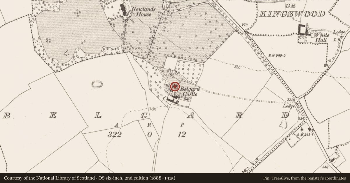 Ordnance Survey six-inch map, 2nd edition (1888–1915) covering the location of Castle - tower house, Belgard, County Dublin, with a pin at the register's coordinates