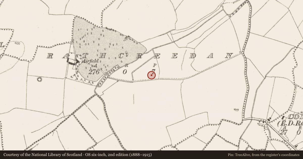 Ordnance Survey six-inch map, 2nd edition (1888–1915) covering the location of Mound, Rathcreedan, County Dublin, with a pin at the register's coordinates