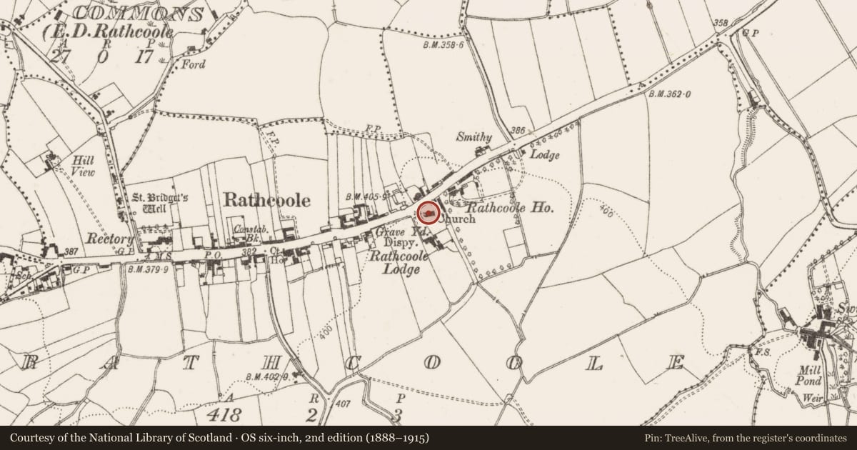 Ordnance Survey six-inch map, 2nd edition (1888–1915) covering the location of Church, Rathcoole, County Dublin, with a pin at the register's coordinates