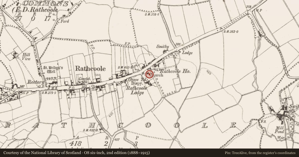 Ordnance Survey six-inch map, 2nd edition (1888–1915) covering the location of Cross-slab, Rathcoole, County Dublin, with a pin at the register's coordinates