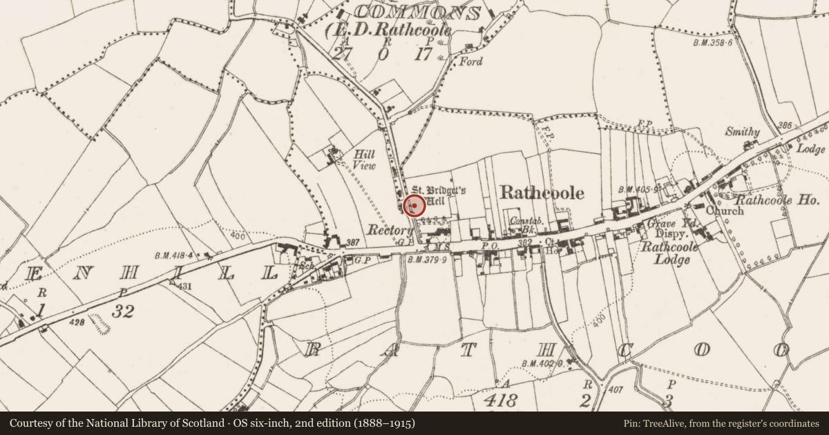 Ordnance Survey six-inch map, 2nd edition (1888–1915) covering the location of Ritual site - holy well, Rathcoole, County Dublin, with a pin at the register's coordinates
