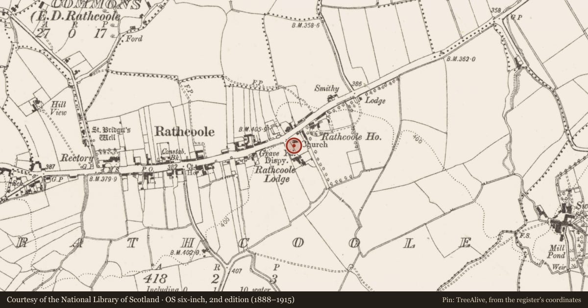 Ordnance Survey six-inch map, 2nd edition (1888–1915) covering the location of Graveslab, Rathcoole, County Dublin, with a pin at the register's coordinates