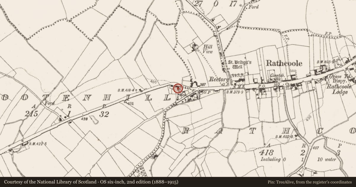 Ordnance Survey six-inch map, 2nd edition (1888–1915) covering the location of House - 17th century, Rathcoole, County Dublin, with a pin at the register's coordinates