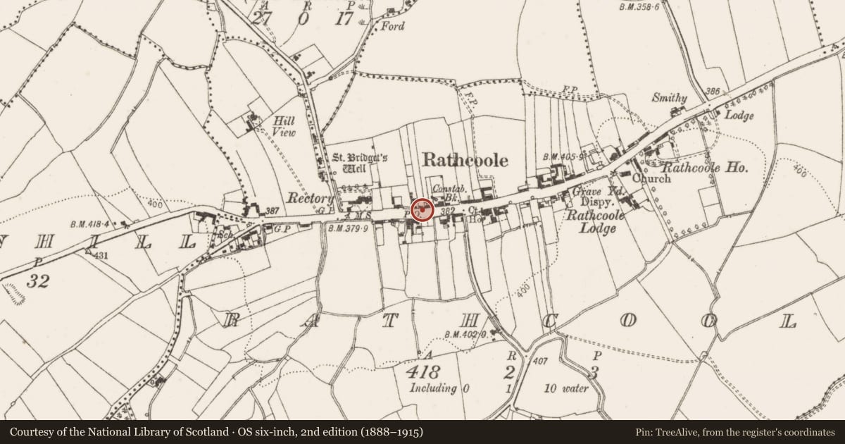 Ordnance Survey six-inch map, 2nd edition (1888–1915) covering the location of Settlement cluster, Rathcoole, County Dublin, with a pin at the register's coordinates