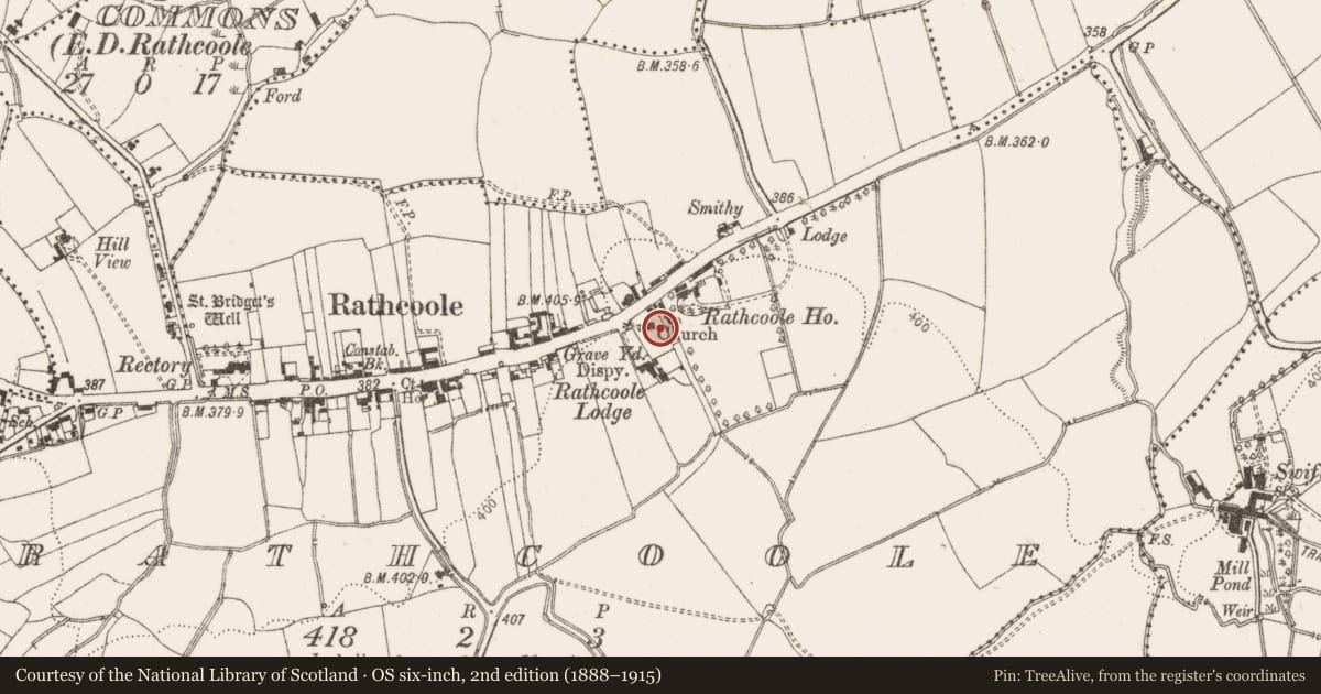 Ordnance Survey six-inch map, 2nd edition (1888–1915) covering the location of Holed stone, Rathcoole, County Dublin, with a pin at the register's coordinates