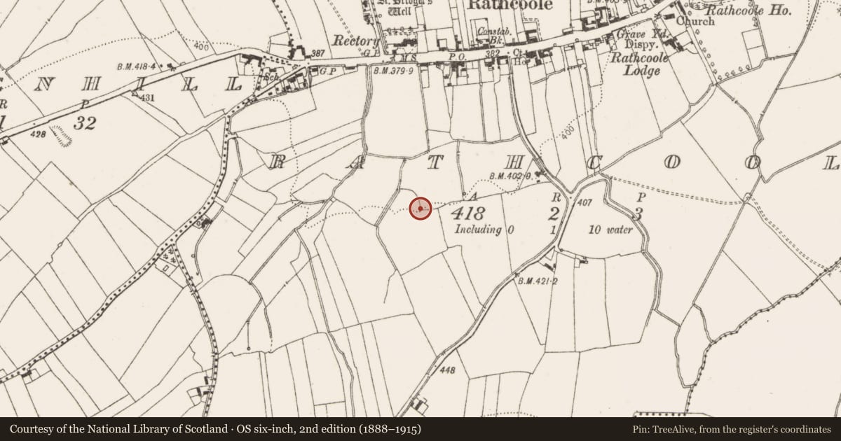 Ordnance Survey six-inch map, 2nd edition (1888–1915) covering the location of Font, Rathcoole, County Dublin, with a pin at the register's coordinates