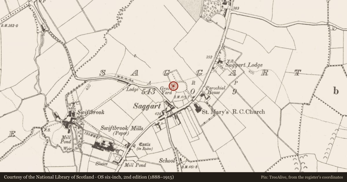 Ordnance Survey six-inch map, 2nd edition (1888–1915) covering the location of Cross-slab, Saggart, County Dublin, with a pin at the register's coordinates