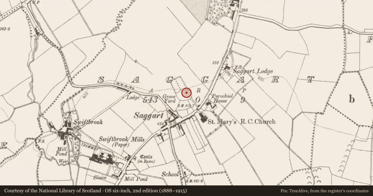 Ordnance Survey six-inch map, 2nd edition (1888–1915) covering the location of Architectural fragment, Saggart, County Dublin, with a pin at the register's coordinates
